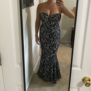 Black and White stretch Velvet mermaid formal